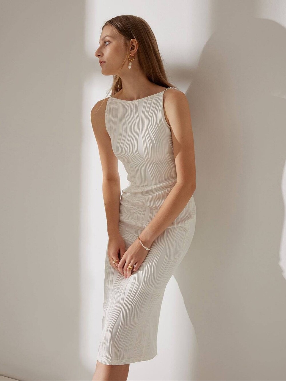 RIHOAS Cream Textured Midi Dress